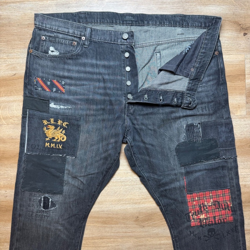 Polo Ralph Lauren Sullivan Slim Jeans Mens 40x30 Black Patchwork Distressed - Picture 2 of 16